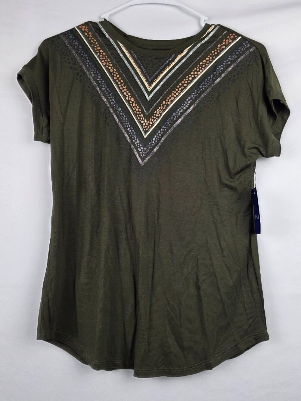 NWT Apt 9 Metallic Vee Design Olive Green Short Sleeve Tee XS